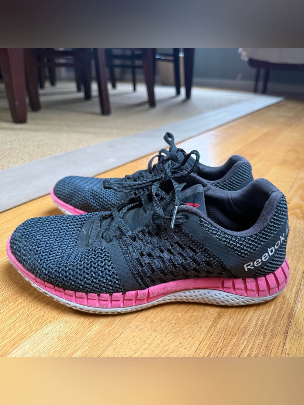 Reebok Women's Black and Pink Knit Training Sneakers
